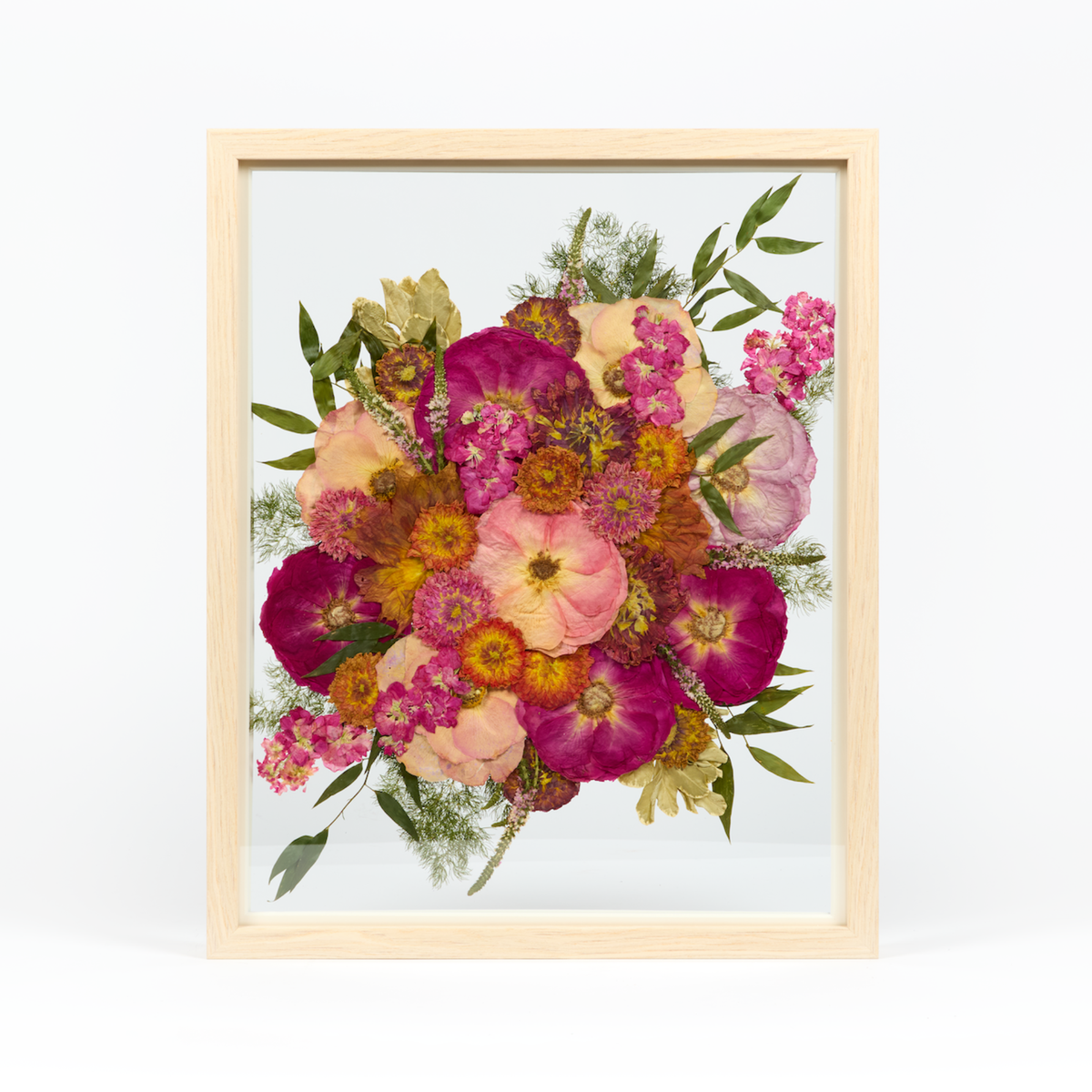 Natural Wood Bouquet Frame - 16x20 | Burst Design with Glass Float Background