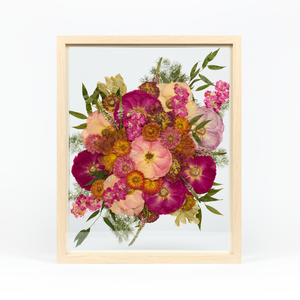 Natural Wood Bouquet Frame - 16x20 | Burst Design with Glass Float Background