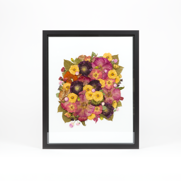 Black Wood Bouquet Frame - 16x20 | Burst Design with Glass Float Background