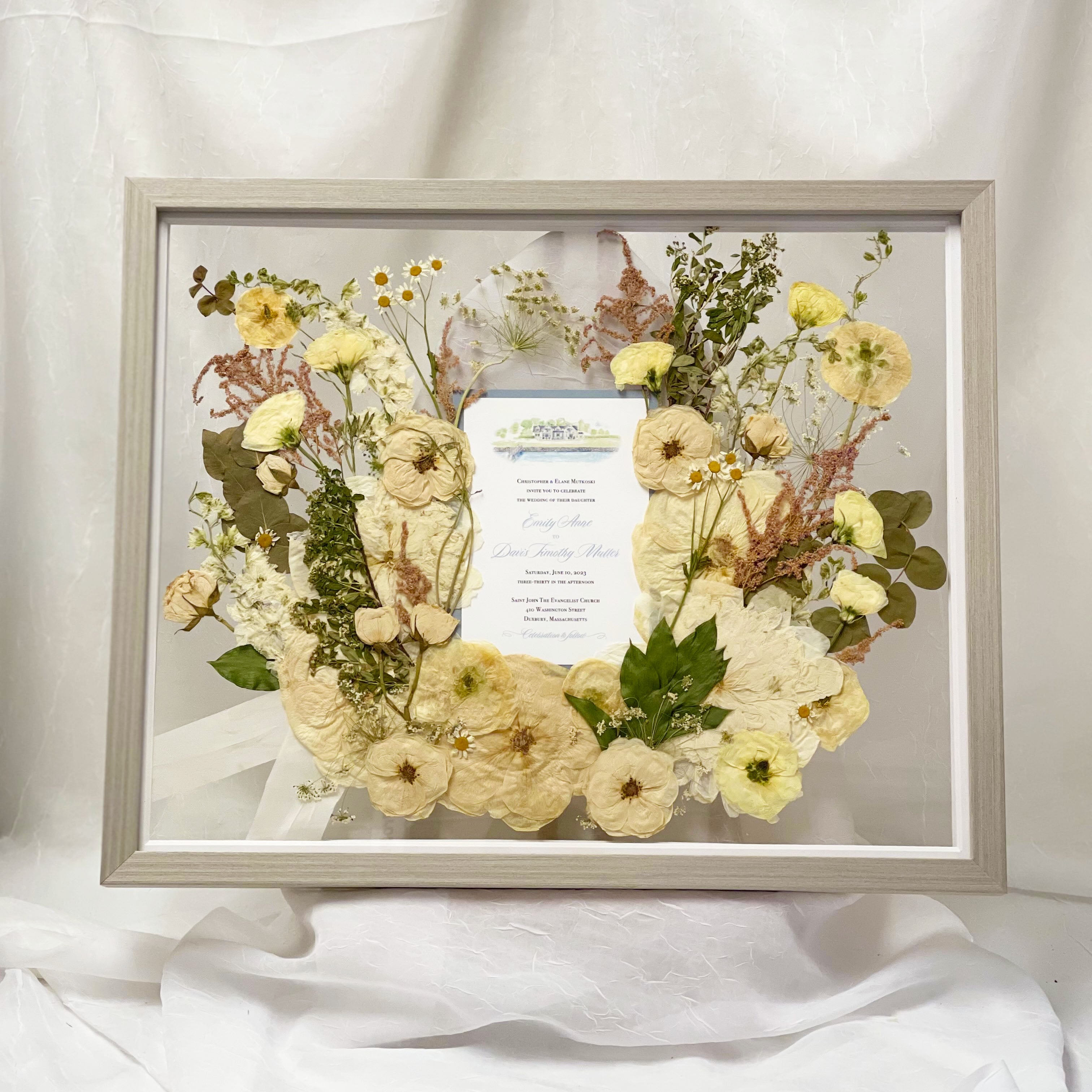 The finished design for of a 16x20 Gray Wood frame field style design with an invitation addition for a Peony Experience client.