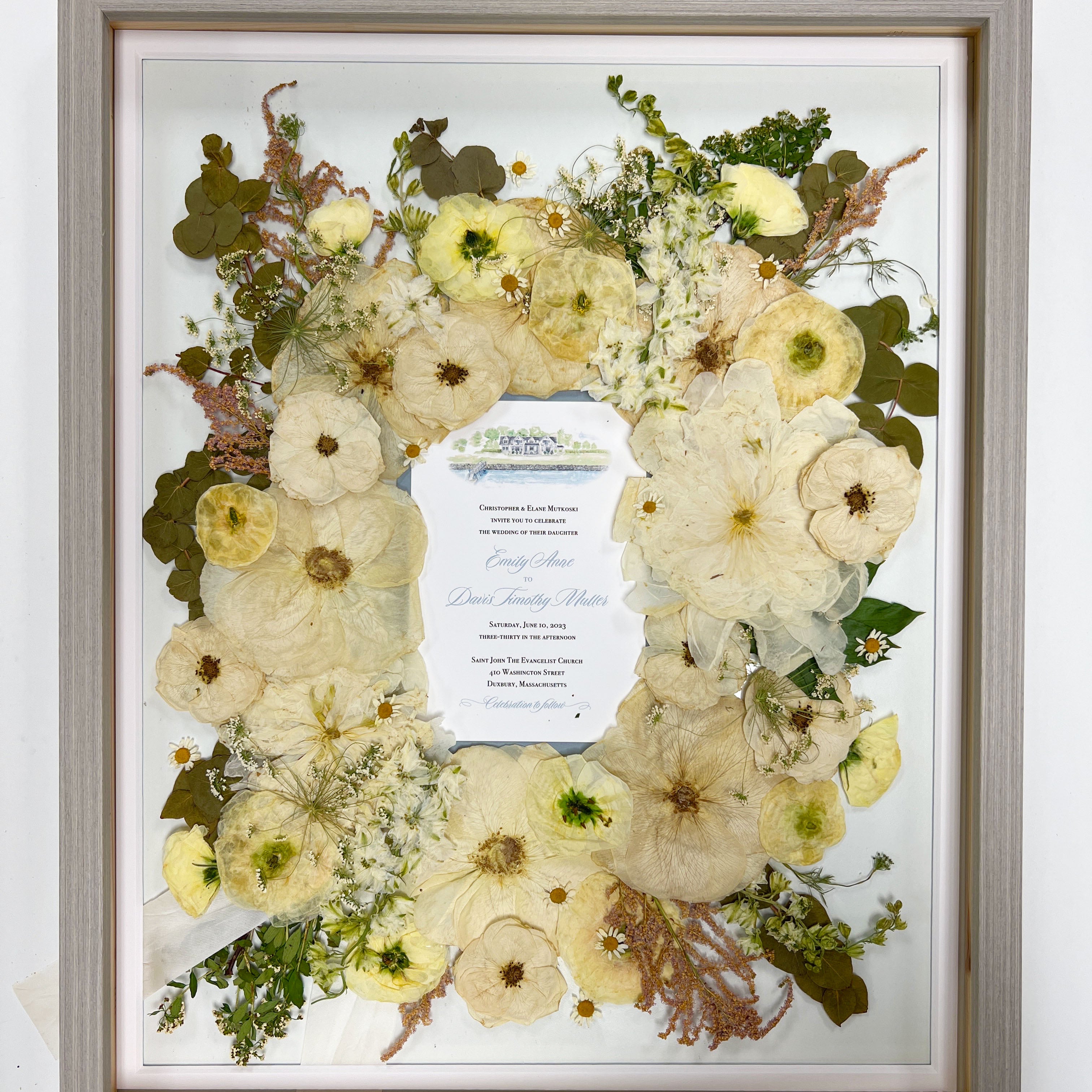 A proof for a Peony Experience client of their 16x20 Gray Wood frame burst of flowers design with an invitation addition at Element Design.