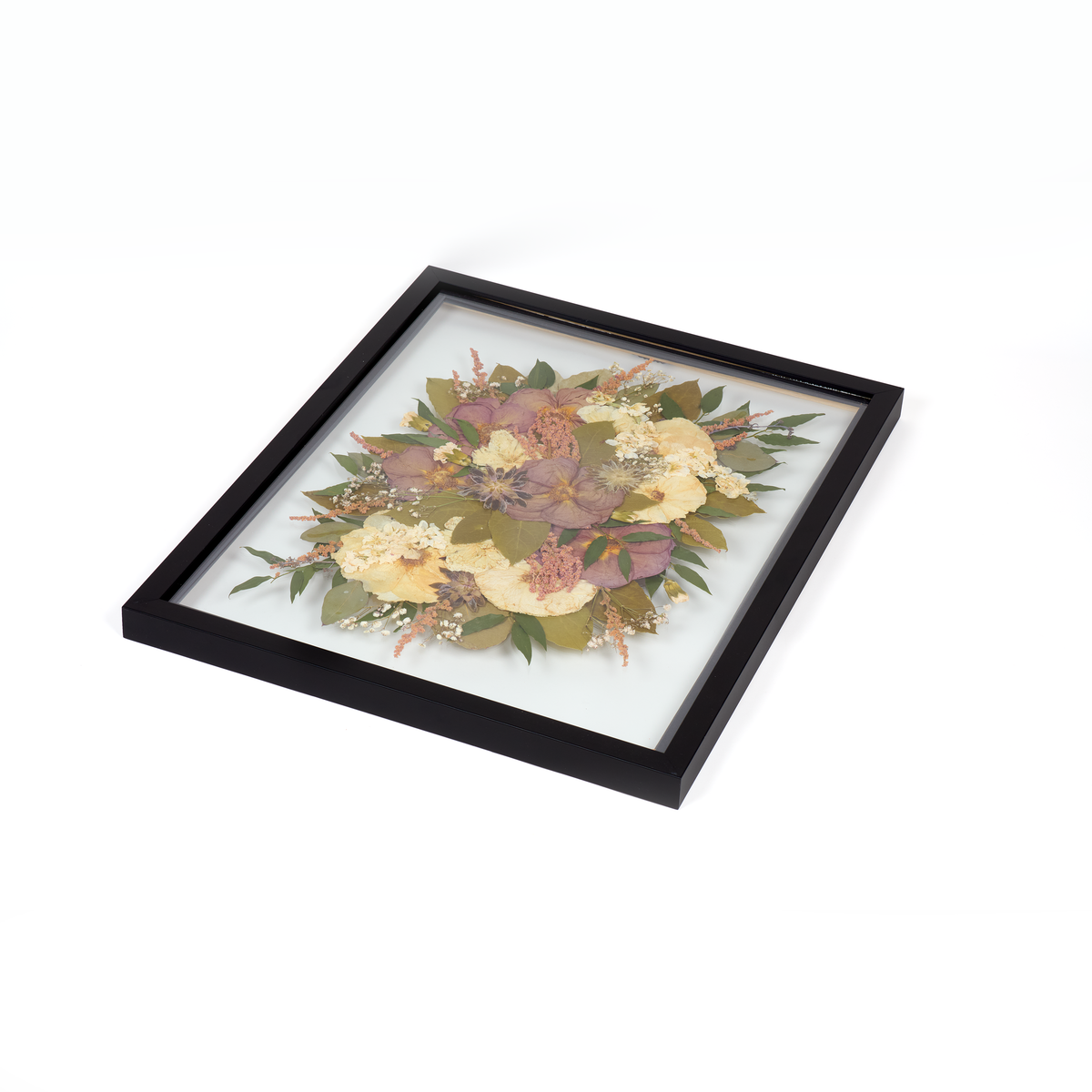 Floral preservation pressed flower frame with white, purple, and green pressed florals. This frame features a pressed succulent. 16x20 black wood frame design.