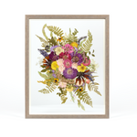 Pressed flower preservation with purple, pink, and yellow summertime pressed florals. Wedding bouquet preservation 16x20 frame in Barn Wood.