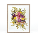 Pressed flower preservation with purple, pink, and yellow summertime pressed florals. Wedding bouquet preservation 16x20 frame in Barn Wood.