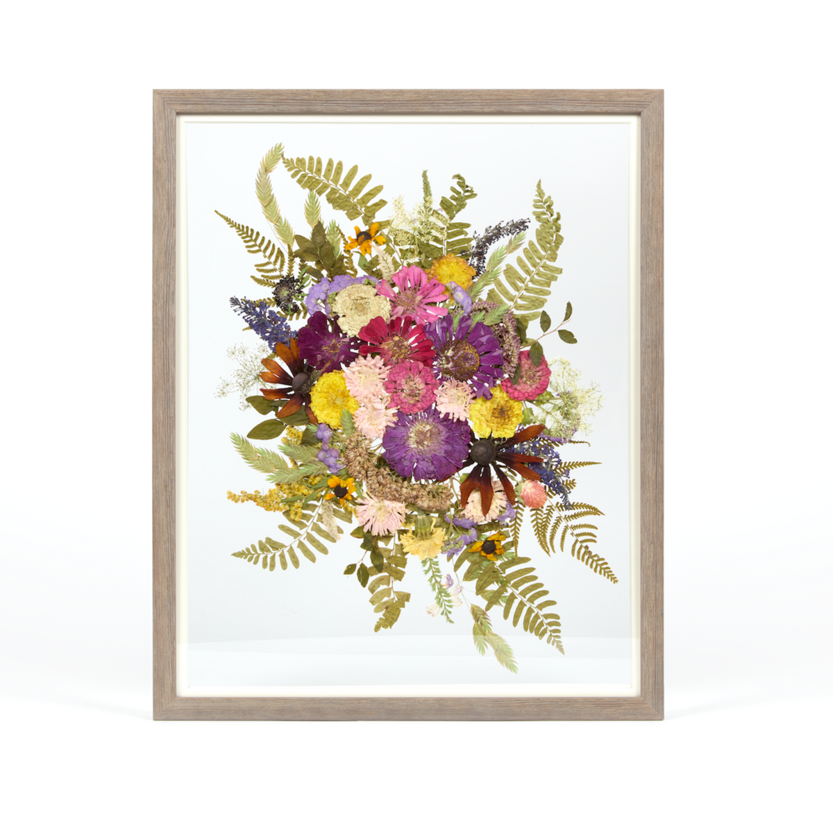 Pressed flower preservation with purple, pink, and yellow summertime pressed florals. Wedding bouquet preservation 16x20 frame in Barn Wood.