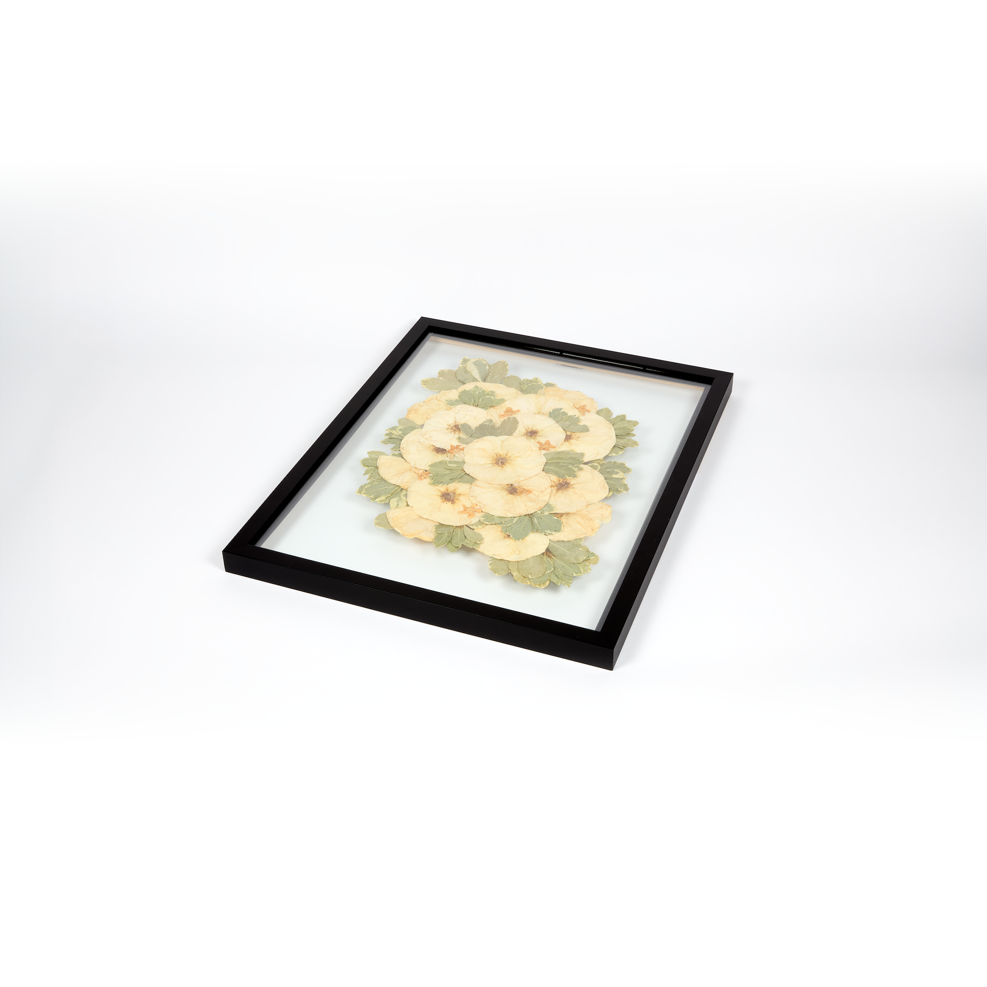 Floral preservation pressed flower frame with white roses and greenery. 16x20 black wood frame design.