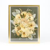 Floral preservation pressed flower frame with bright white and green pressed florals on our olive green archival grade background. 16x20 gold wood frame design.