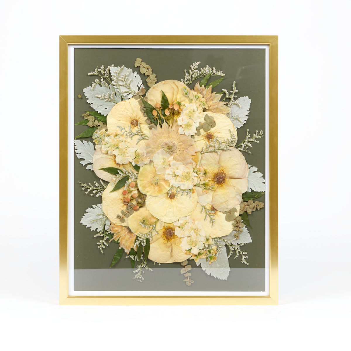 Floral preservation pressed flower frame with bright white and green pressed florals on our olive green archival grade background. 16x20 gold wood frame design.
