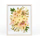 Floral preservation pressed flower frame with pink, white, and green pressed florals. 16x20 gray wood frame bridal bouquet preservation design.