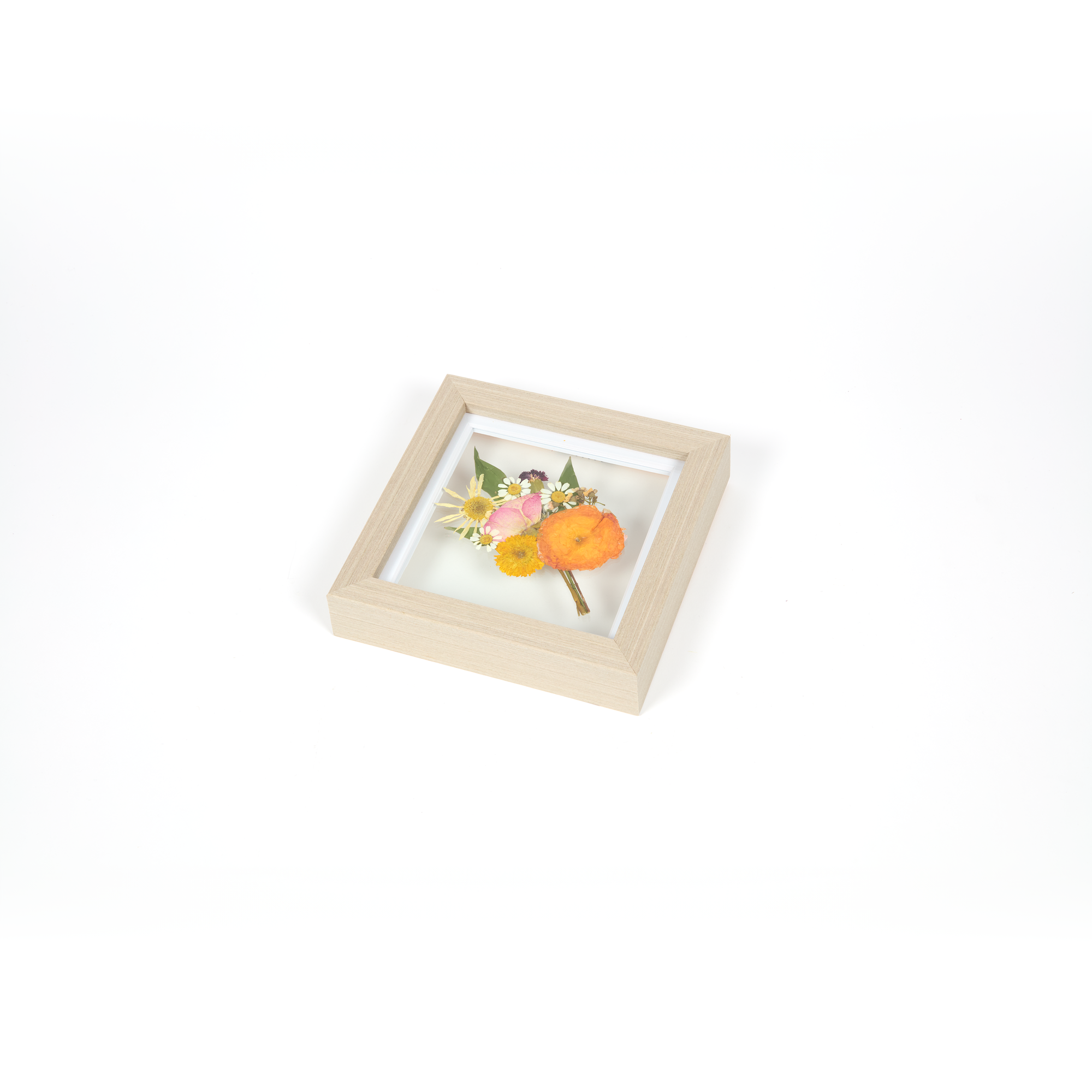 Pressed Bouquet grey wood floral preservation - pressed floral art with pink, orange, and white flowers. 6x6 inch frame