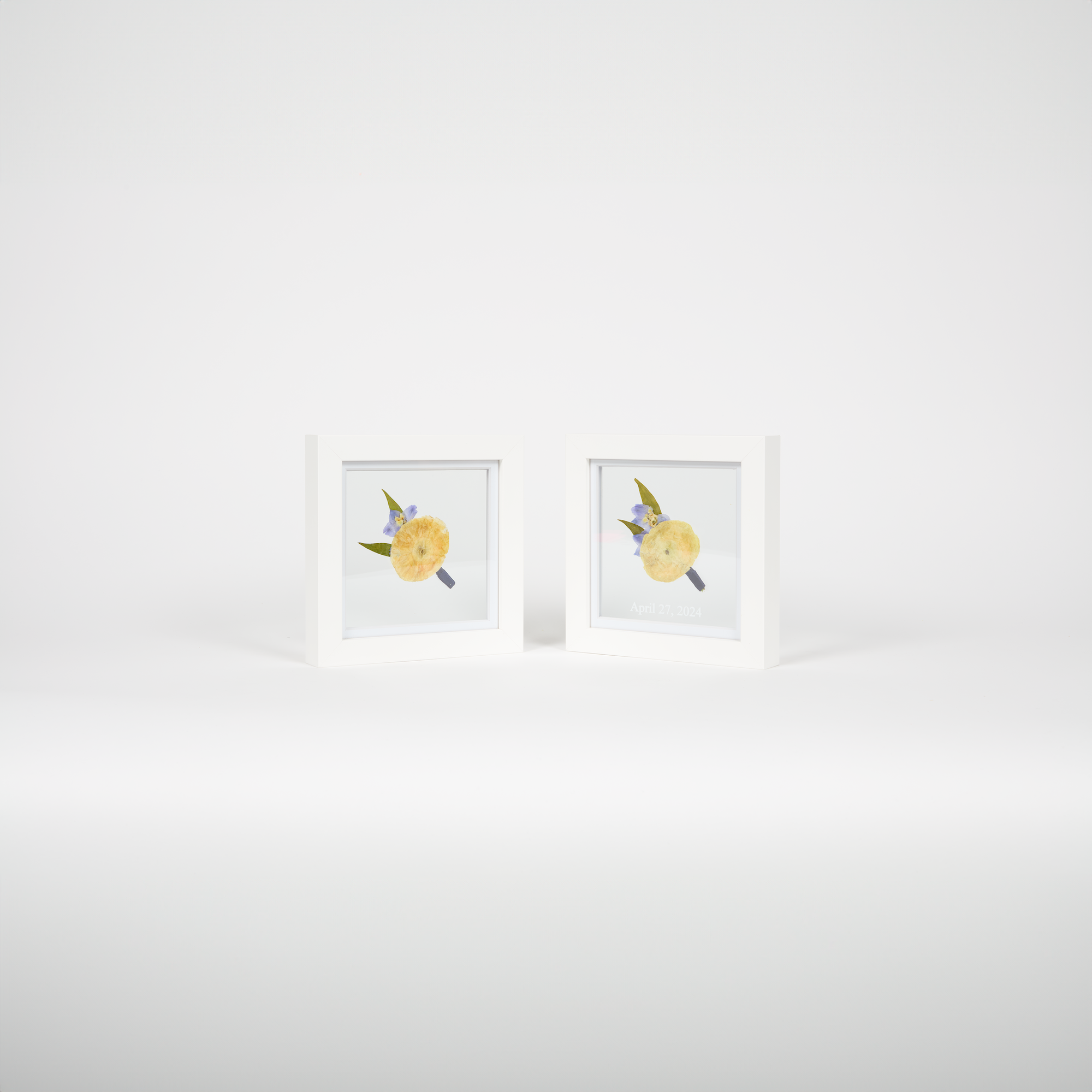 A tiny duo of two 6x6 pressed floral frames, most commonly used for two preserved boutonnieres or corsages to be gifted or displayed side by side.
