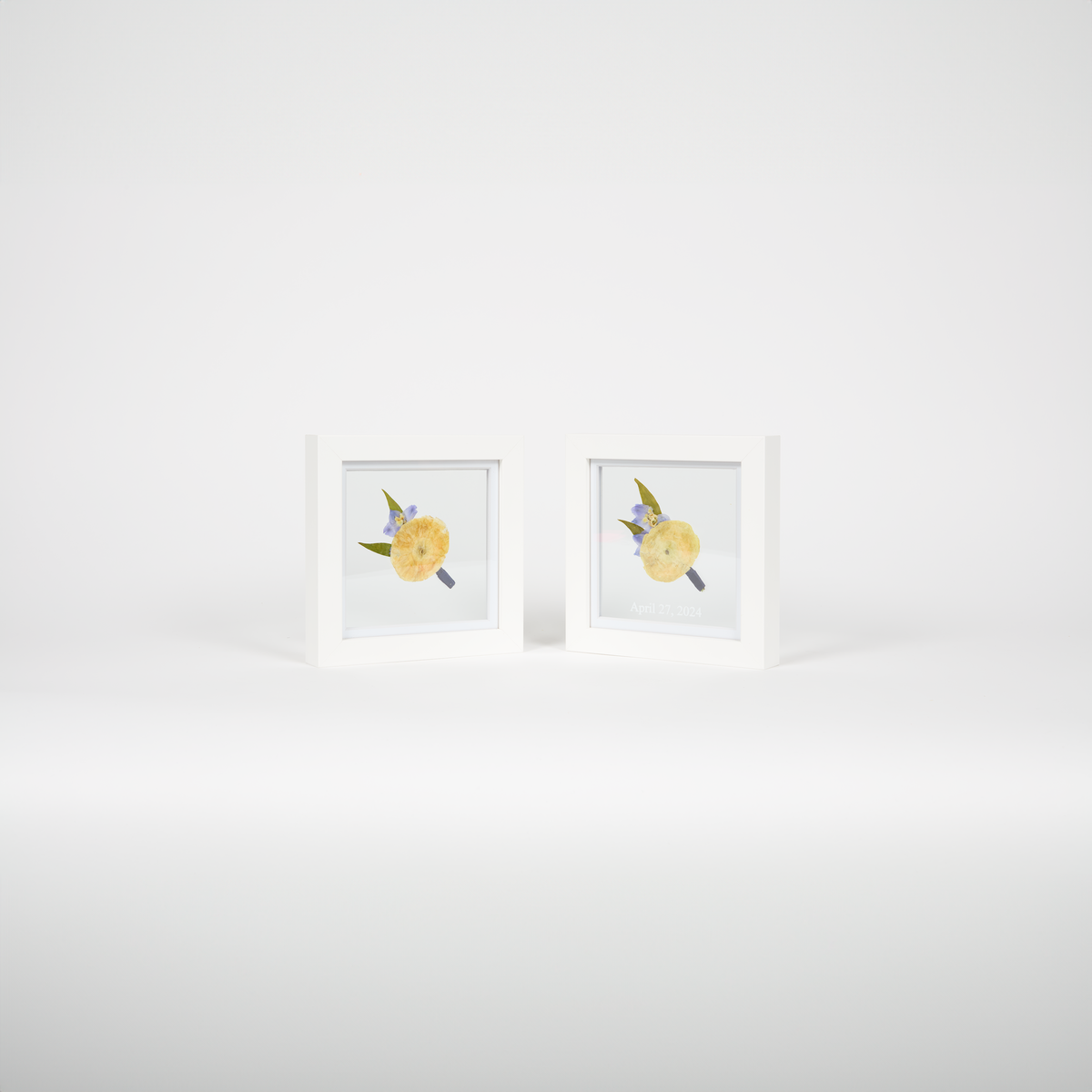A tiny duo of two 6x6 pressed floral frames, most commonly used for two preserved boutonnieres or corsages to be gifted or displayed side by side.