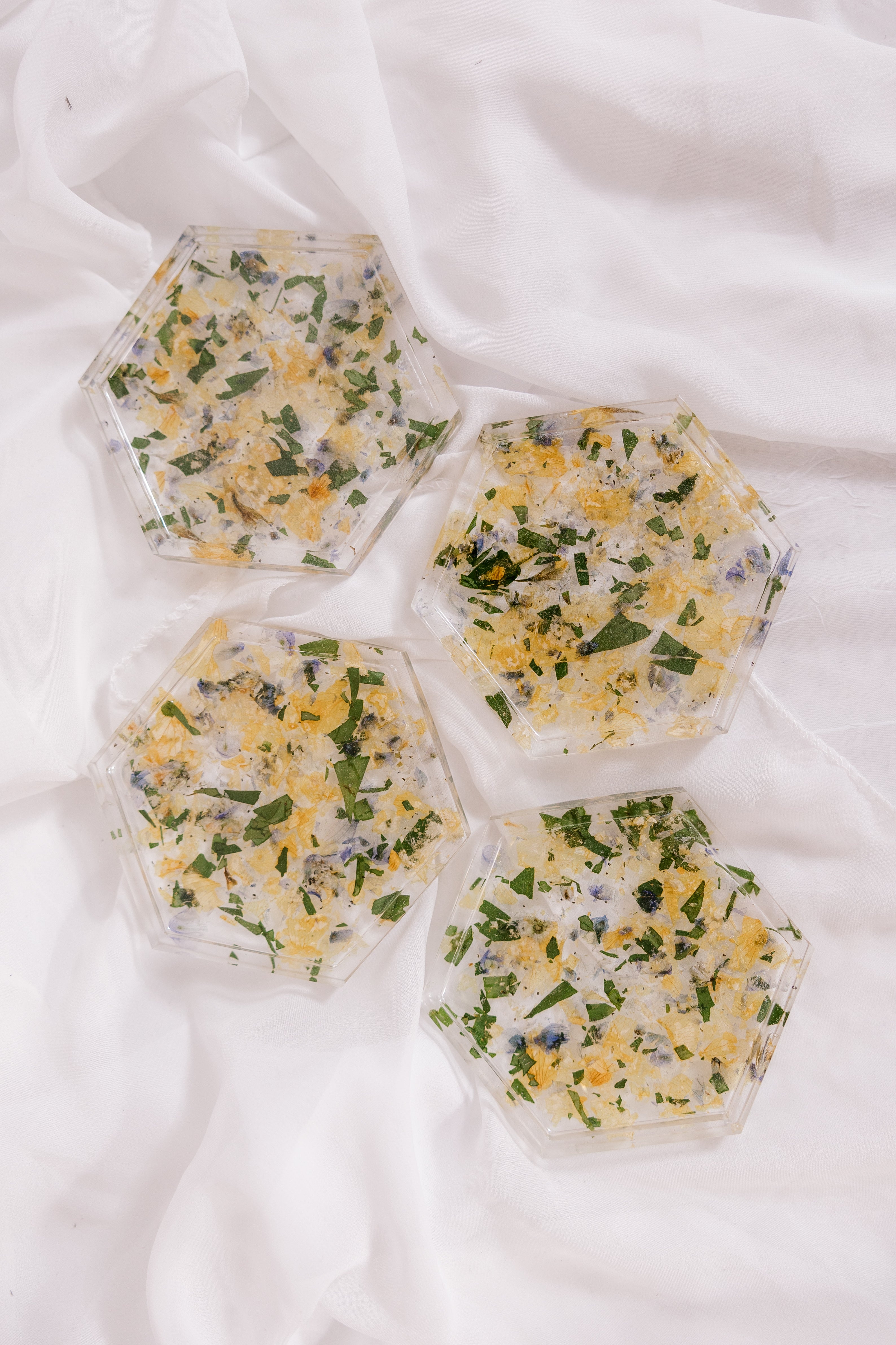 Dried Petal Confetti Resin Coasters Hexagon Set of 4 Pressed