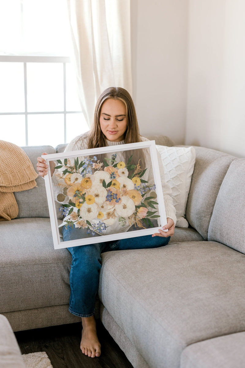 Wedding bouquet preservation in custom pressed floral frame