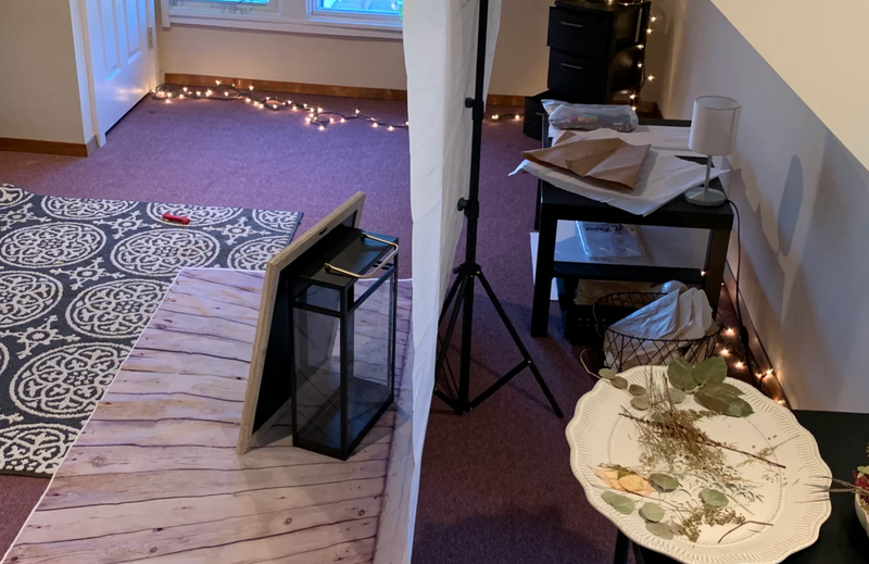 The beginning of The Pressed Bouquet Shop in a small attic workspace