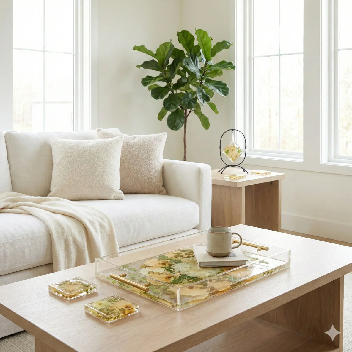 A set of pressed flower resin pieces in a living room setting. 