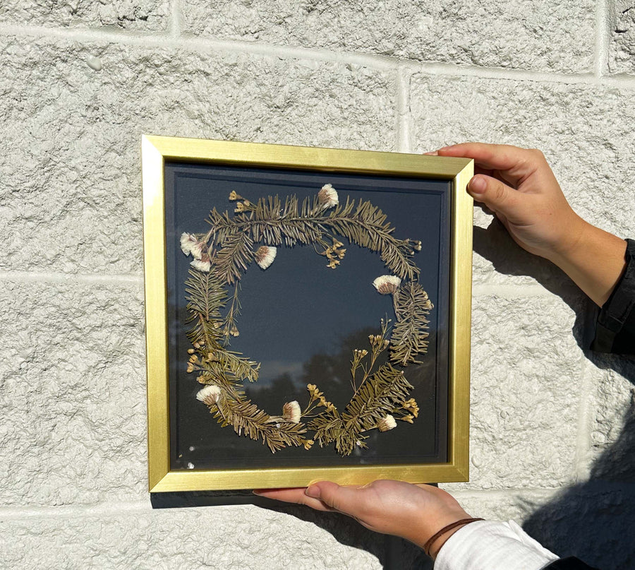 10x10 Gold Wood frame with black background and pressed seasonal florals 