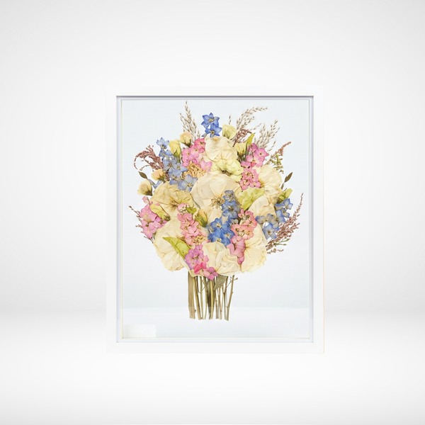 White Wood Bouquet Frame - 16x20 | Handheld Design with Glass Float Background