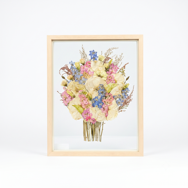 Natural Wood Bouquet Frame - 16x20 | Handheld Design with Glass Float Background