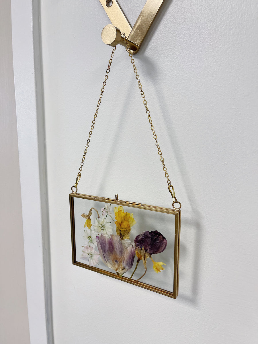 Horizontal Hanging Float Pressed Flower Frame | Gold Rectangle