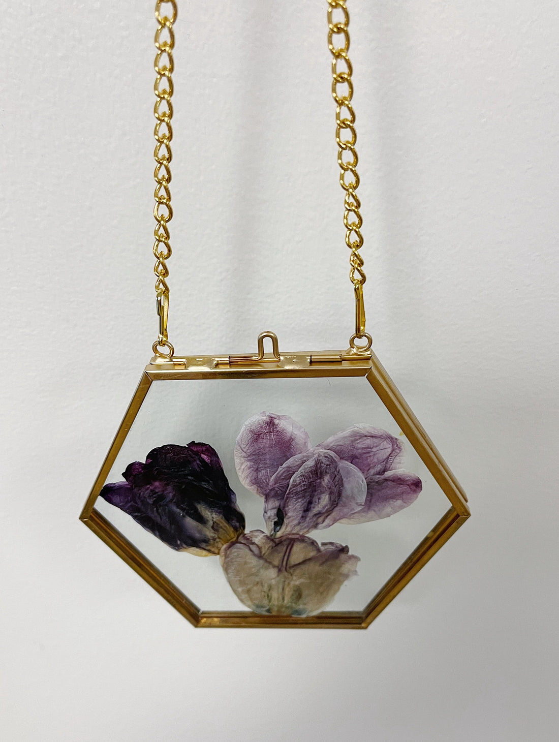 Hanging Float Pressed Flower Frame | Gold Hexagon