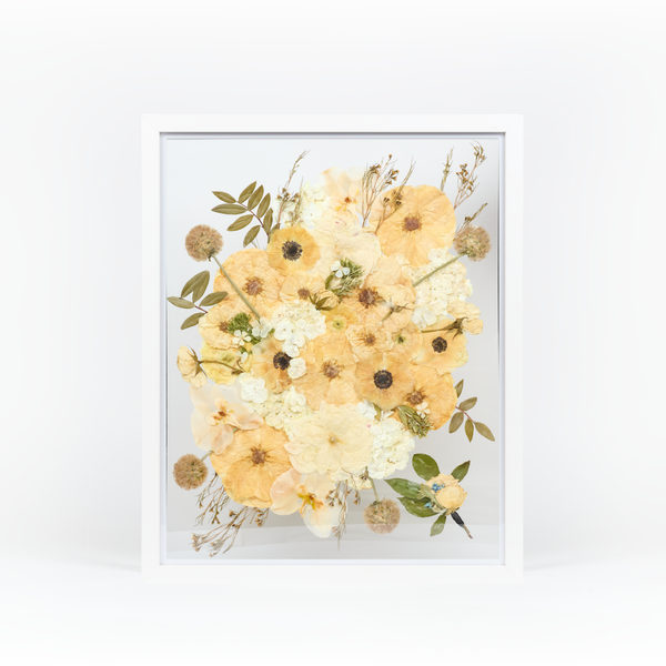 White Wood Bouquet Frame - 16x20 | Burst Design with Glass Float Background and Boutonniere Addition