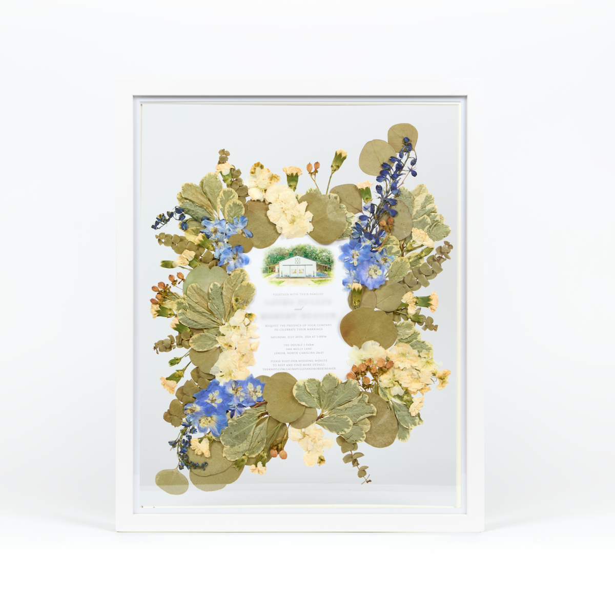 White Wood Bouquet Frame - 16x20 | Burst Design with Glass Float Background and Invitation Insert