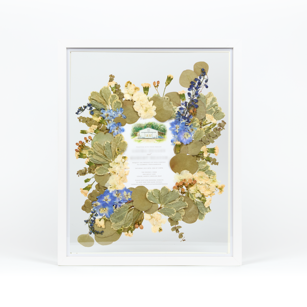 White Wood Bouquet Frame - 16x20 | Burst Design with Glass Float Background and Invitation Insert