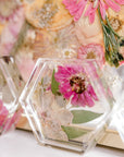 A beautiful photograph of a pressed flower coaster with a pressed zinnia and a pressed succulent sitting against a pressed flower frame. 