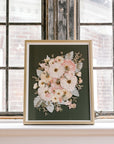 An olive green background highlights beautiful white and pink pressed florals, accented by pressed greenery.