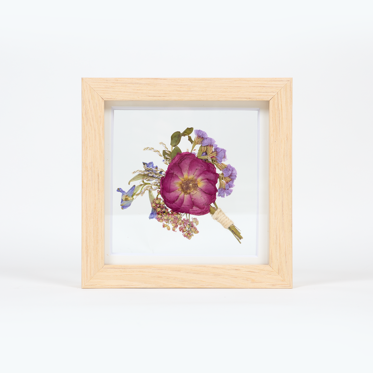 Pressed Bouquet natural wood floral preservation - pressed floral art with purple and blue pressed boutonniere. 6x6 inch frame