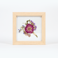 Pressed Bouquet natural wood floral preservation - pressed floral art with purple and blue pressed boutonniere. 6x6 inch frame