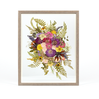 Pressed flower preservation with purple, pink, and yellow summertime pressed florals. Wedding bouquet preservation 16x20 frame in Barn Wood. 