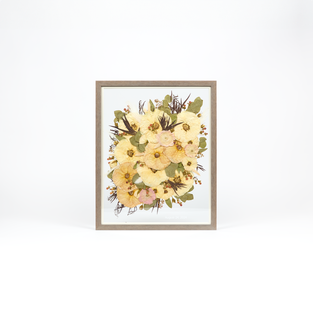 Pressed flower preservation with pressed roses, berries, and greenery. Wedding bouquet preservation 16x20 frame in Barn Wood. 