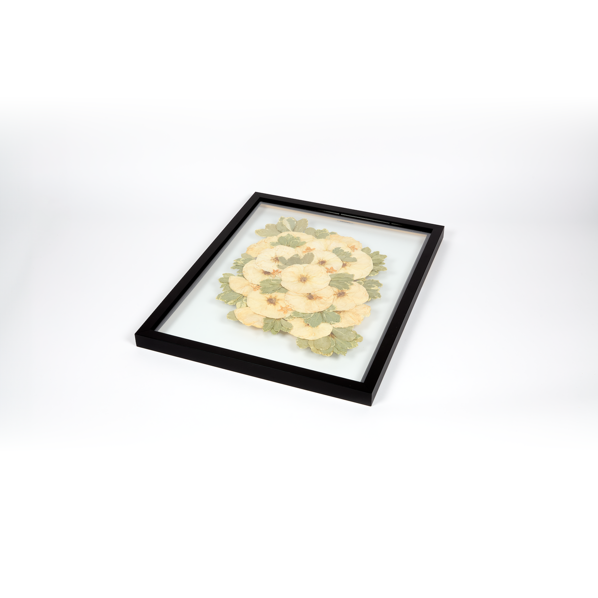 Floral preservation pressed flower frame with white roses and greenery. 16x20 black wood frame design. 