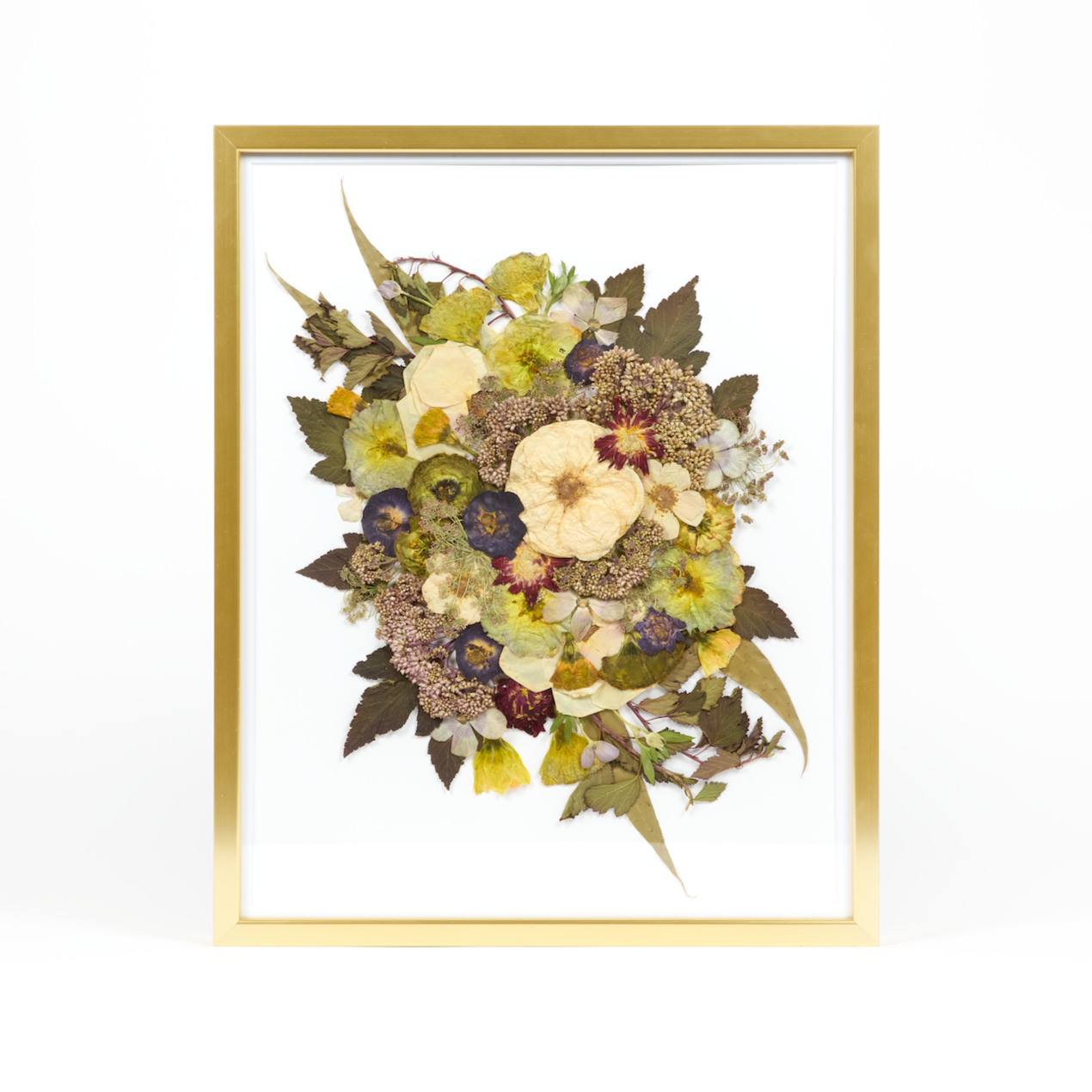Floral preservation pressed flower frame with white, green, and red pressed florals. 16x20 gold wood frame design. 