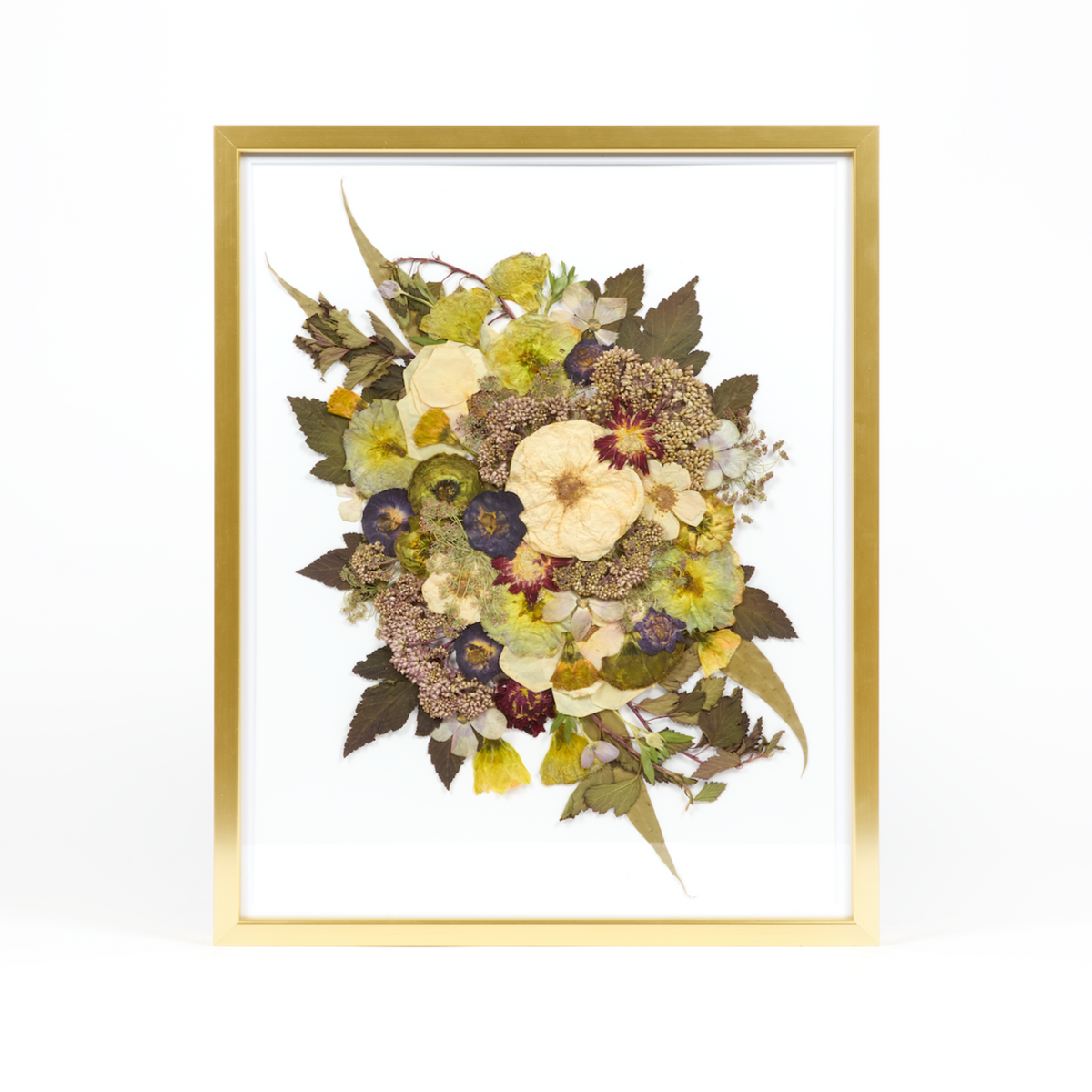 Floral preservation pressed flower frame with white, green, and red pressed florals. 16x20 gold wood frame design. 