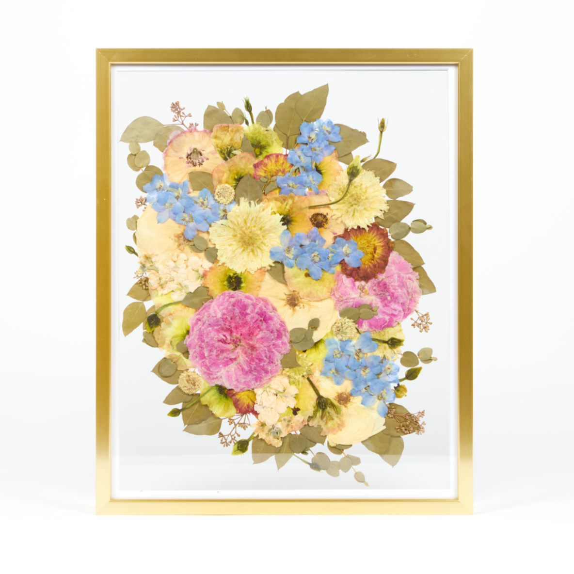 Floral preservation pressed flower frame with pink, white, and blue pressed florals. 16x20 gold wood pressed bridal bouquet frame design. 