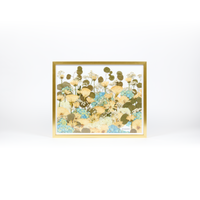 Floral preservation pressed flower frame with a field style design featuring pressed white roses, mums, and blue hydrangeas. 16x20 gold wood frame design. 