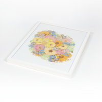 Floral preservation pressed flower frame with vibrant yet soft colored pressed florals. 16x20 white wood frame bridal bouquet preservation design.