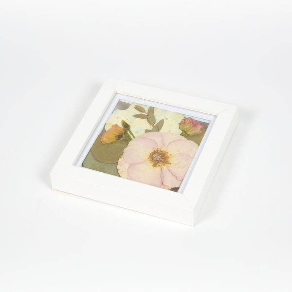 Pressed Bouquet white wood floral preservation - pressed floral art with pink, white, and green flowers. 6x6 inch frame