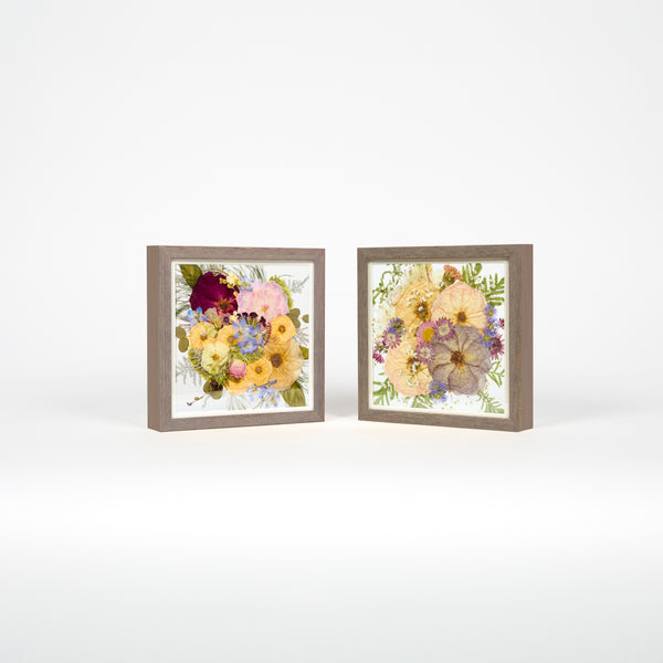 Pressed flower wedding preservation with two 10x10 inch frame bundle offering in barn wood. 