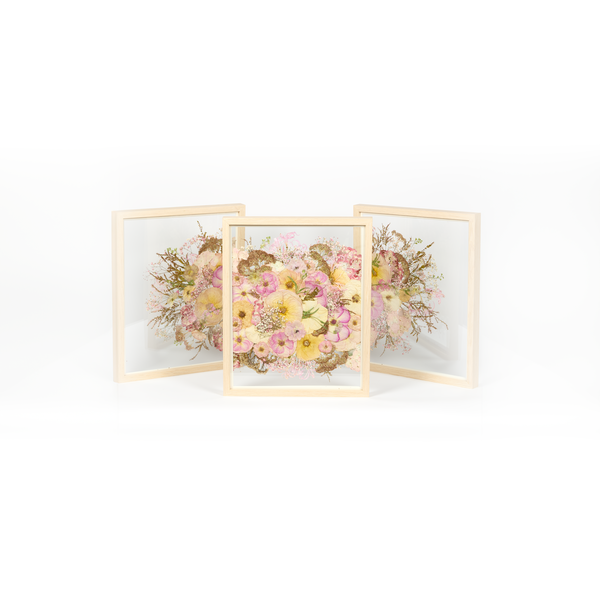 Our largest pressed wedding bouquet frame option offered as a trio of continued pressed florals to elegantly span a large wall. 