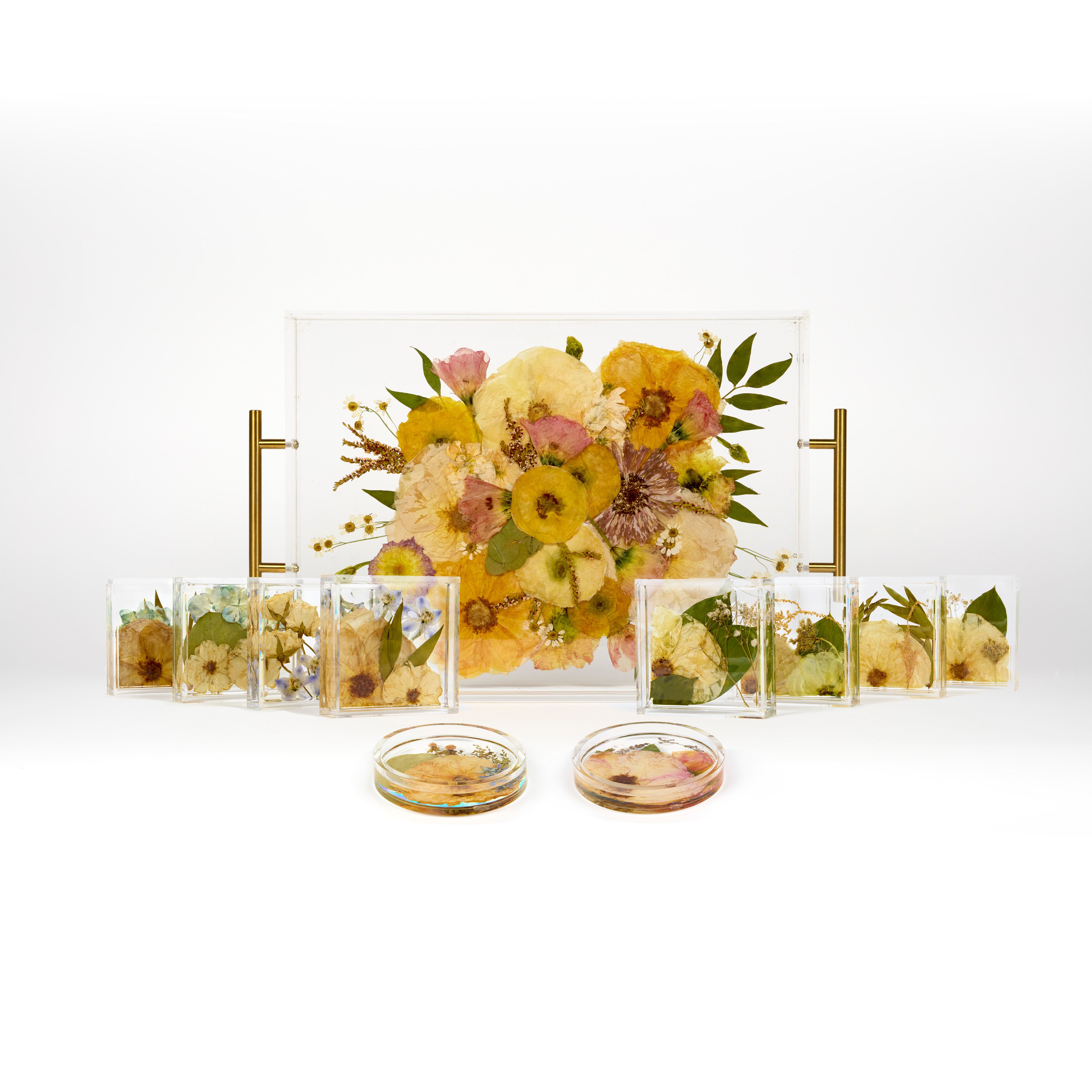 Wedding bouquet preservation package with a serving tray, two resin coaster sets, and two ring dishes. 