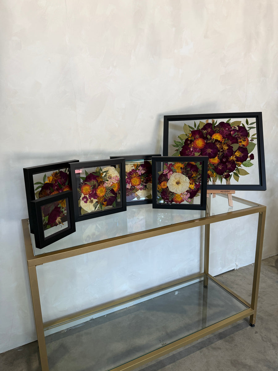 (1) 16x20, (4) 10x10, and (1) 6x6 Black Wood Frame Set