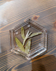 A hexagon resin ring dish designed with a few green leaves it set against a wooden background.  