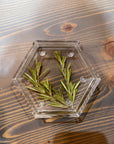 A resin hexagon ring dish with pressed pine leaves set against a wooden surface. 