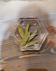 A hexagon resin ring dish with pressed leaves is set on top of a wooden surface. 