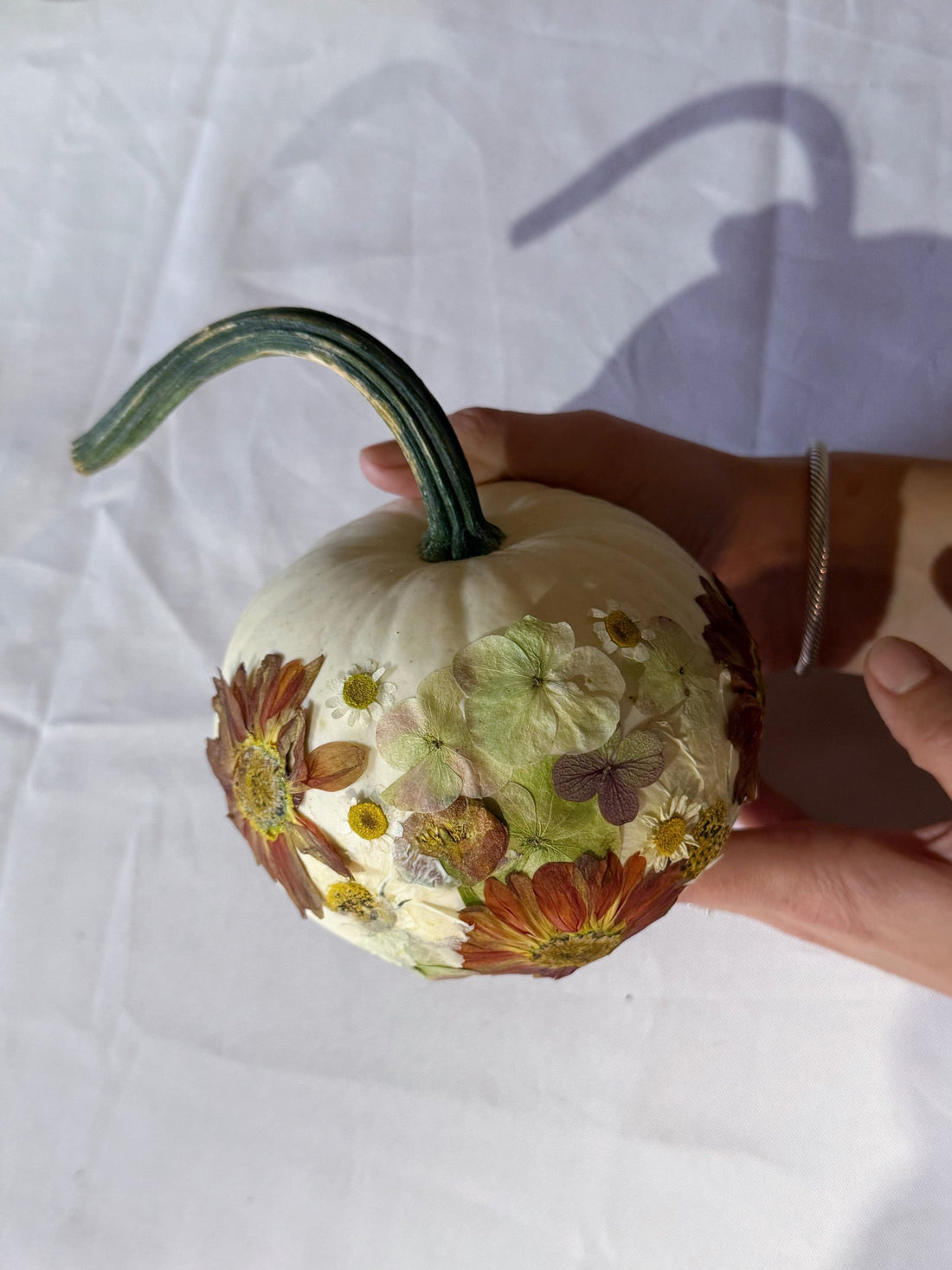 a small white pumpkin with pressed florals designed on it being held my someone on the table