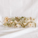 White and green wedding flowers fill a 13x4 inch display tray made out of resin by the Pressed Bouquet Shop.